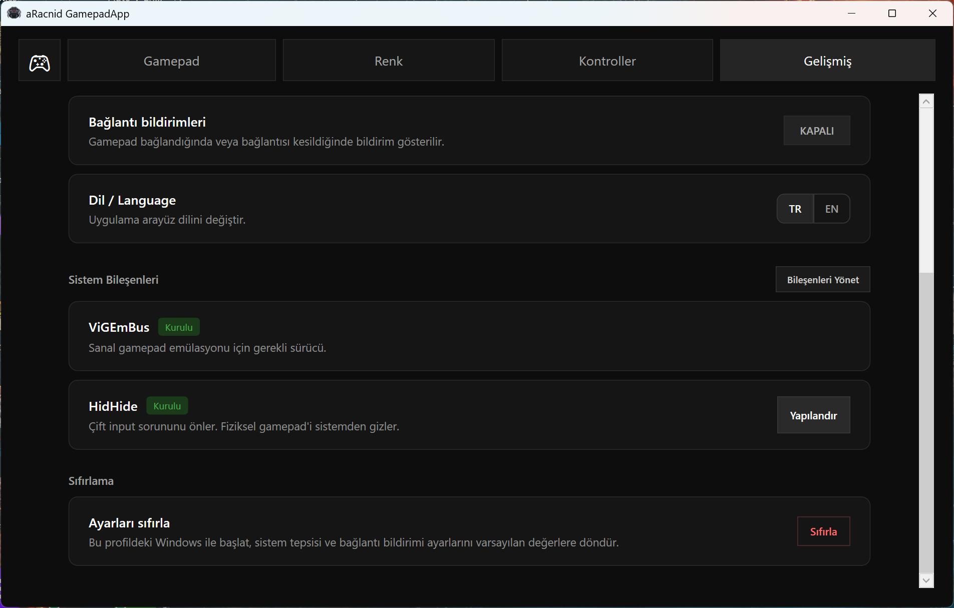 aRacnid Advanced component management screen
