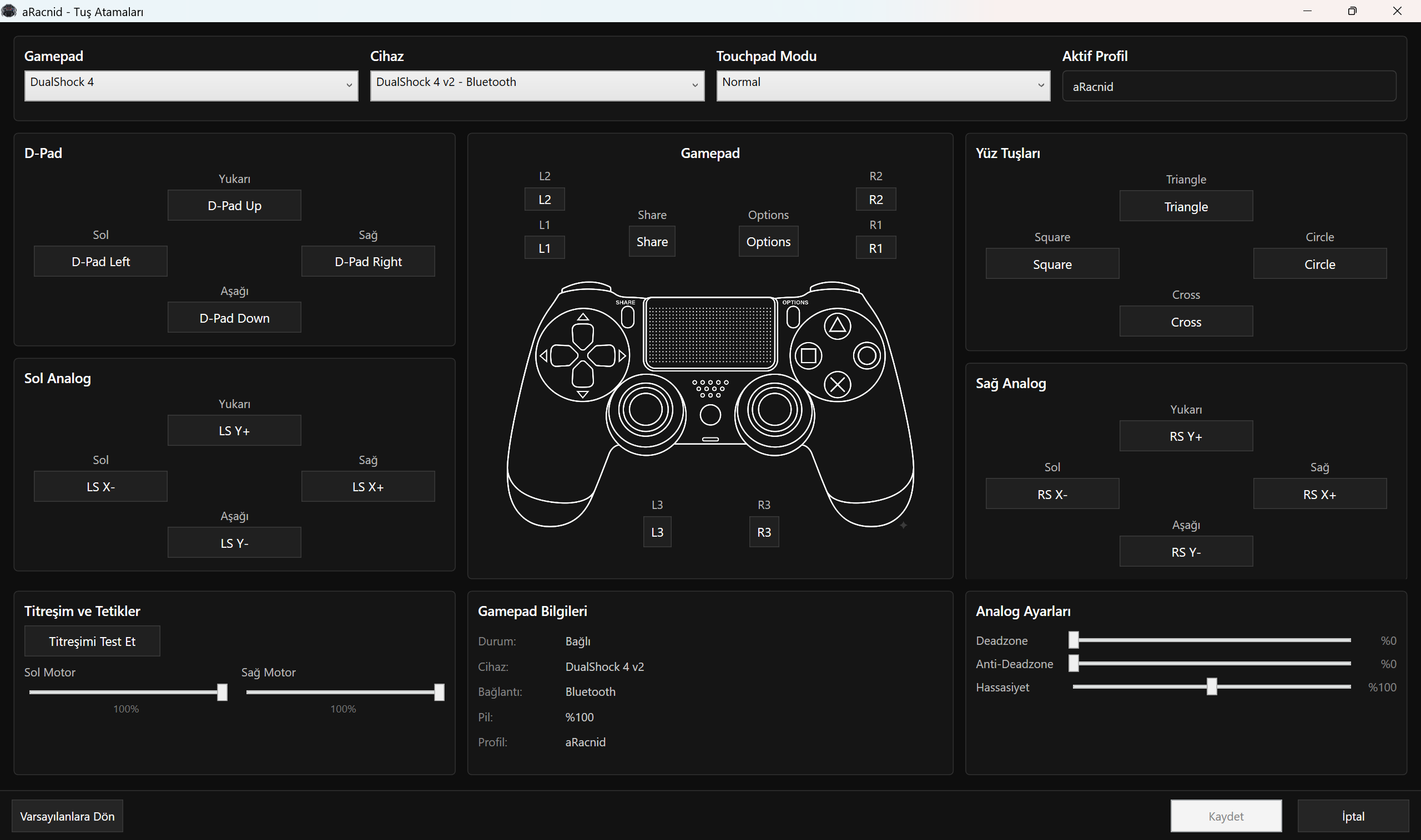 aRacnid button mappings screen showing DualShock 4 touchpad mode and controls