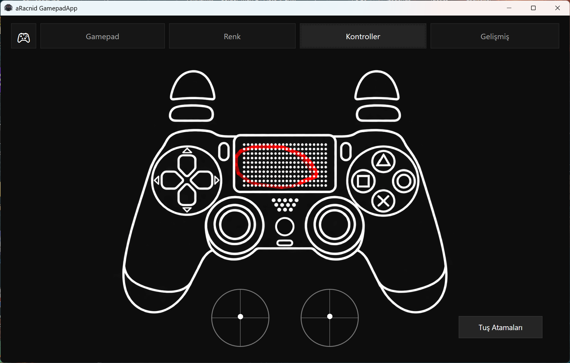 aRacnid Gamepad Tester showing a DualShock 4 touch trail and click highlight
